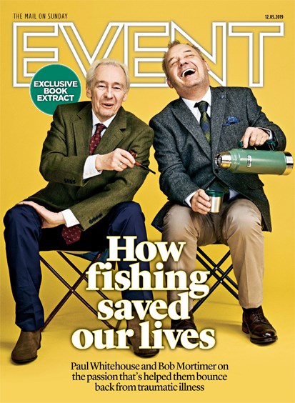 This is the front cover shot of Bob Mortimer and Paul Whitehouse for Event Magazine. There is a sunny yellow backdrop and Bob and Paul are sat in tweed suits on fishing stools laughing and joking with each other. Bob is holding a pipe in his right hand pointing at Paul who is in the middle of a belly laugh while poring something out of a flask. This shot was to promote their show Gone Fishing.